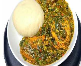 Poundo, Okro with Green Veg & Assorted