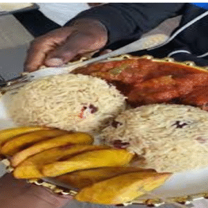 Delicious Coconut Rice served and Peas served with stew and Dodo