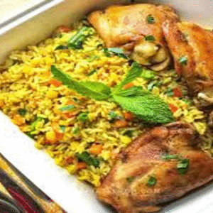 Jollof/Fried Rice served with baked Chicken